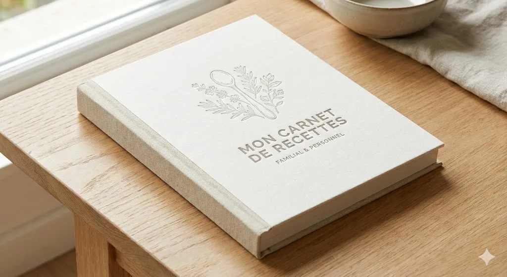 Livre de recettes personnalisé imprimé ouvert sur une table de cuisine