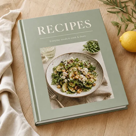 Personalized printed cookbook open on a kitchen table