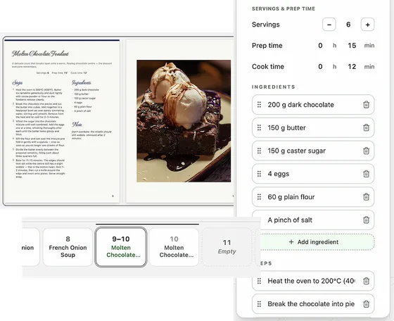 Composing a personalized recipe book in the Kulinia editor