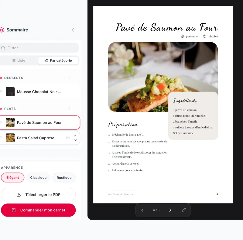 Aperçu de la mise en page d'un livre de recettes prêt à imprimer